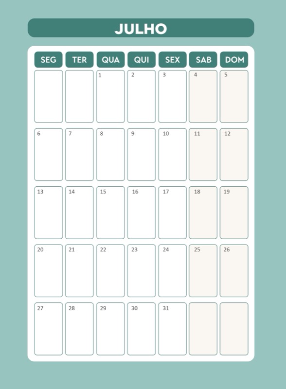 Calendário JULHO 2026